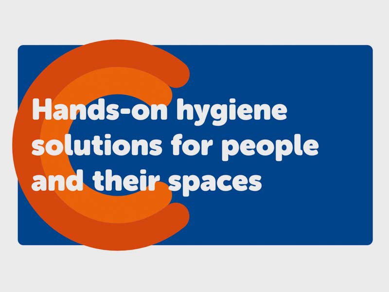 The Sanimarc logo, a Trevi brand partner. The logo features a blue background with an orange abstract shape and the text "Hands-on hygiene solutions for people and their spaces.